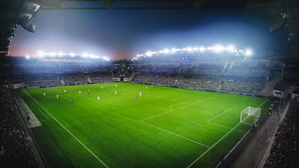 High,Angle,Establishing,Shot:,Stadium,With,Soccer,Championship,Match.,Teams